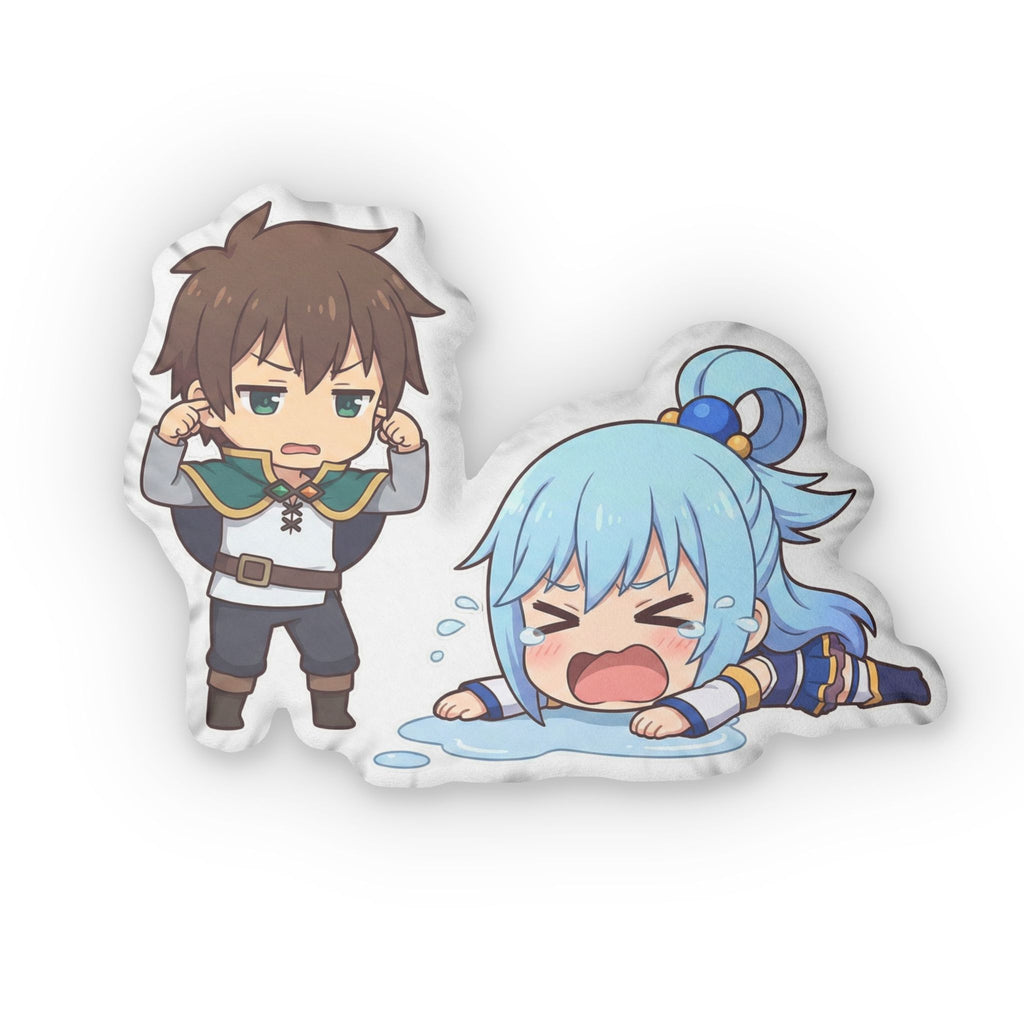 Konosuba Aqua Crying & Kazuma Custom Shaped Pillow Set - Chibi Anime Decorative Plush
