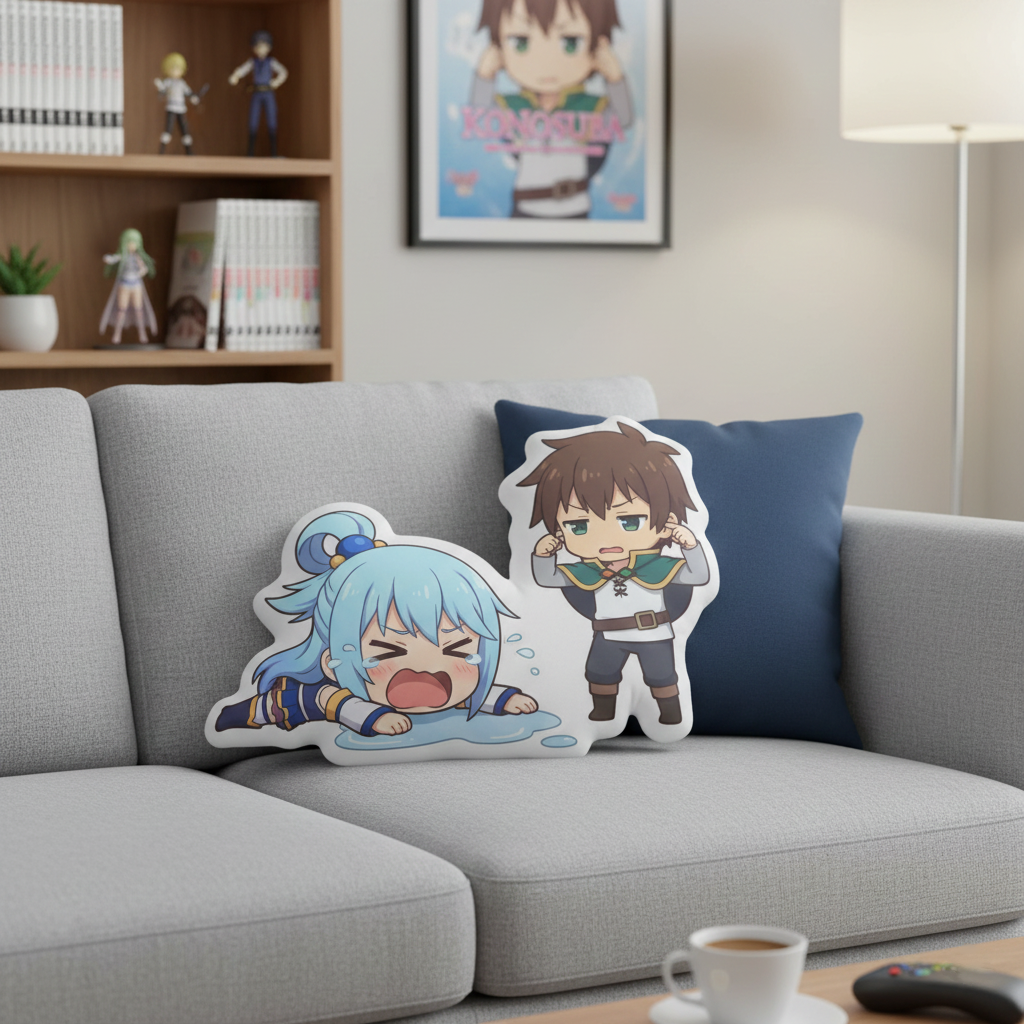 Konosuba Aqua Crying & Kazuma Custom Shaped Pillow Set - Chibi Anime Decorative Plush